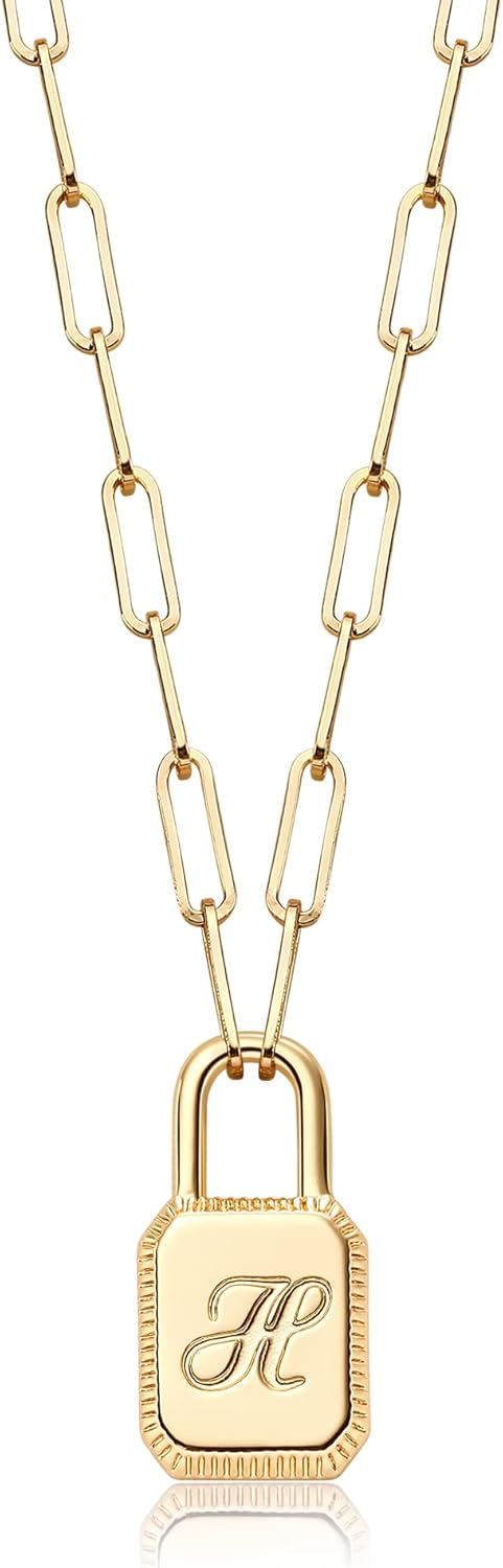 MTMY Lock Initial Necklace 14K Gold Plated Adjustable Paperclip Chain Dainty Lock Pendant Necklace Personalized Engraved Letter Jewelry for Women