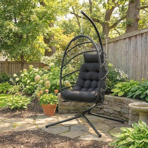 Outsunny Hanging Egg Chair with Stand, Foldable Wicker Rattan Swing Chair with Thick Cushion and Safety Rope for Patio Garden, Supports 264 lbs, Black — view 8