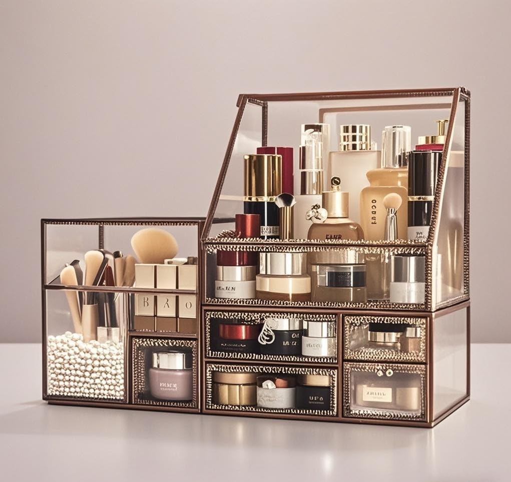 Stackable 3Pieces Drawer Set Glass Makeup Organizer Antique Countertop Vanity Cosmetic Storage Box Mirror Glass Beauty Display, Holder for Brushes Lipsticks Skincare Toner with free Pearl (Brass)