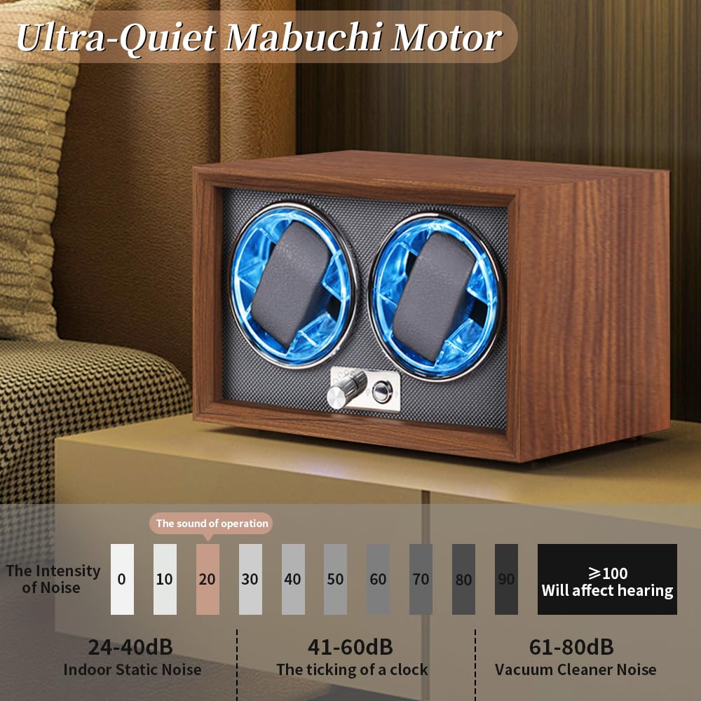 Remontoir de montre automatique avec LED, Grain de bois foncé avec 2 emplacements, 2 slots