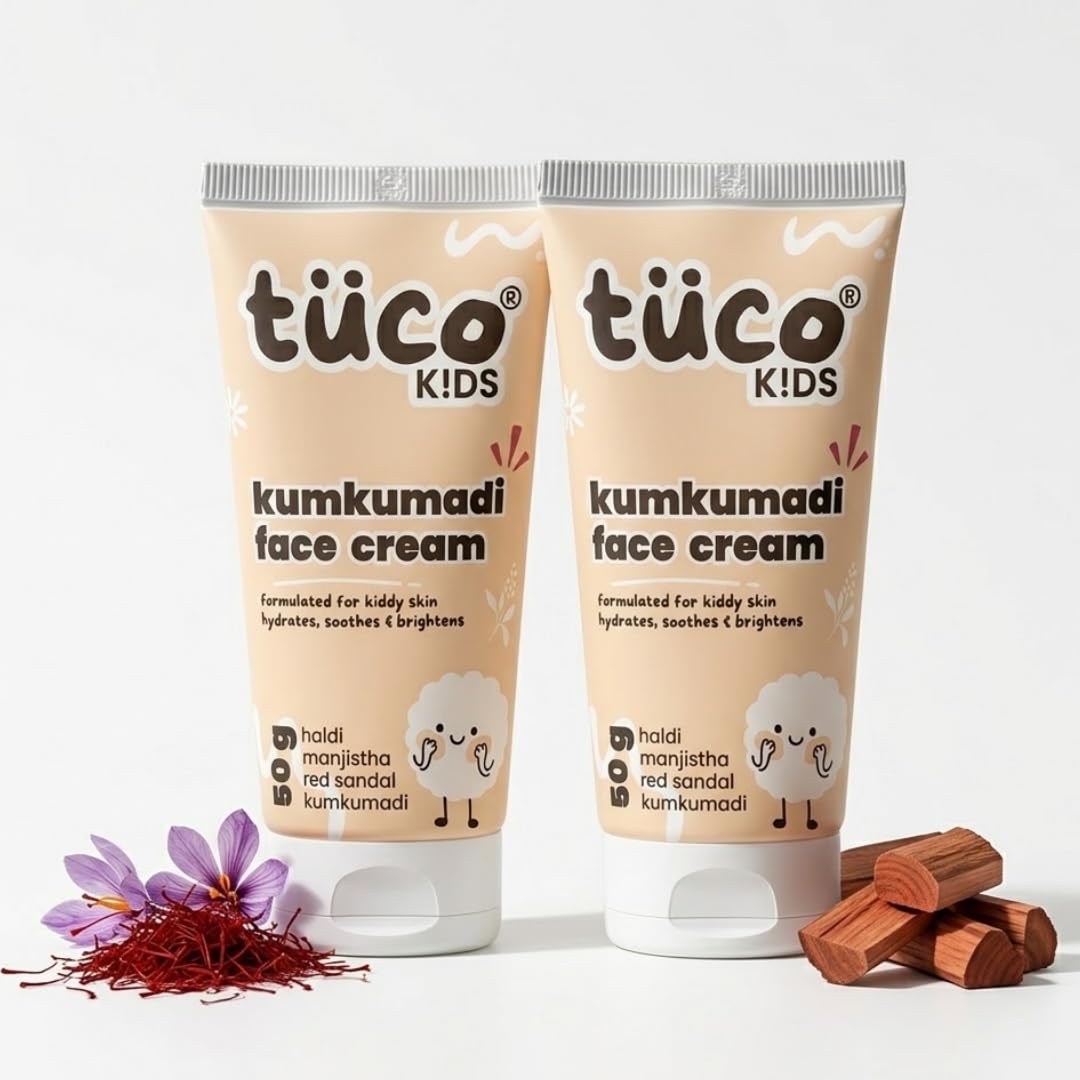 Tuco® Kids Kumkumadi Face Cream | Lightweight, Non Greasy & Fast Absorbing | Infused with Kumkumadi, Red Sandal Majistha & Turmeric | Fights Tan, Brighten Skin & Reduce Dull Spots | SLS & Paraben Free | Safe for Baby-50gm Pack of 2