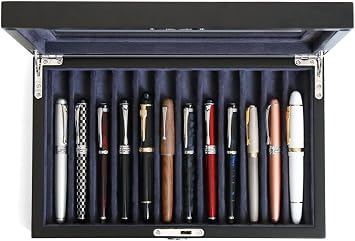 Wooden Pen Display Case 12 Slot Lockable Fountain Pen Storage Box, Black Collectors Display with Glass Top, Gift for Men