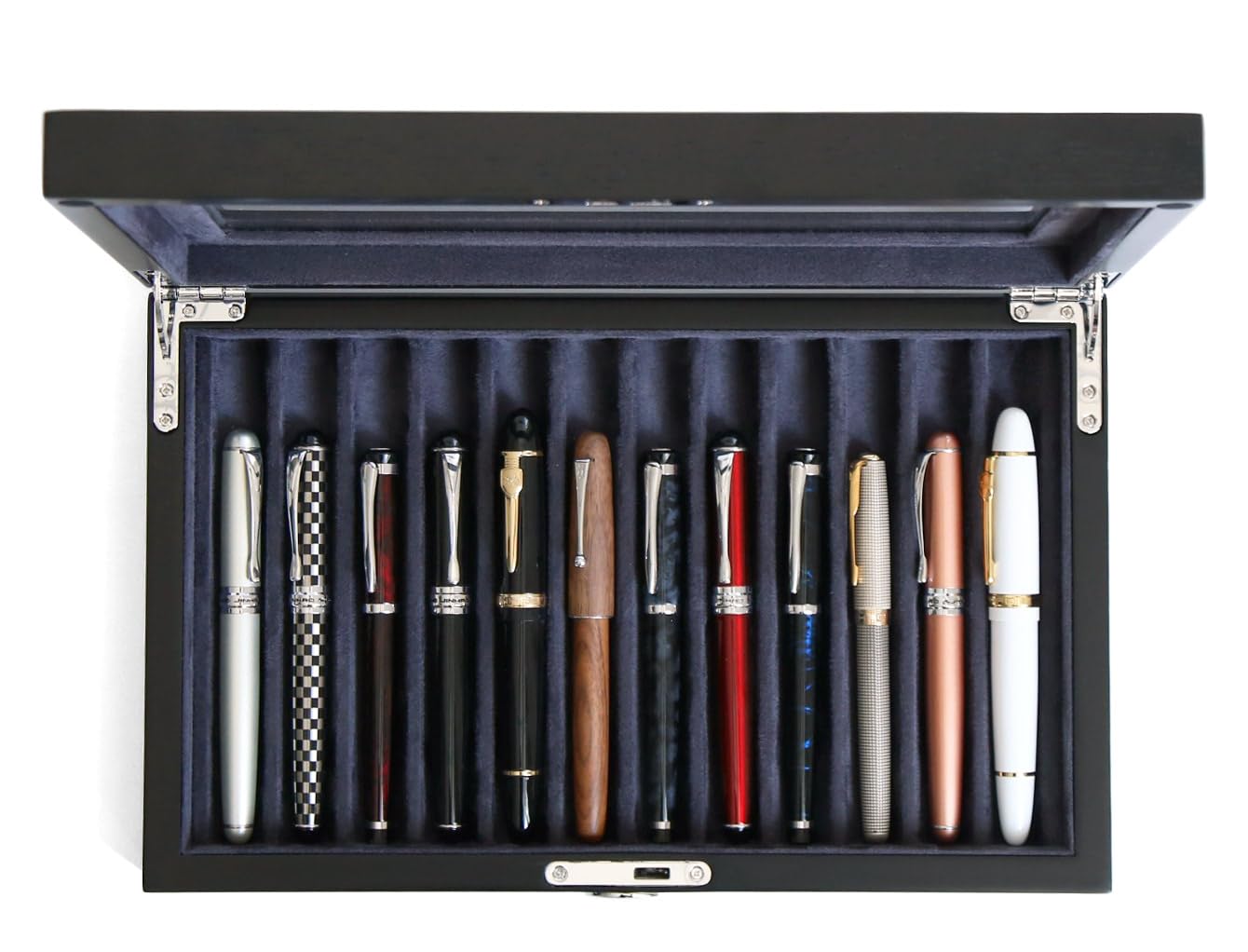 Wooden Pen Display Case – 12 Slot Lockable Fountain Pen Storage Box, Black Collectors Display with Glass Top, Gift for Men