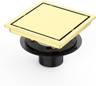 6" Square Shower Drain Brushed Gold Finish, Tile-Insert Grate with Hair Strainer, 304 Stainless Steel 2-in-1 Bathroom Floor Drain - Stylish & Easy to Clean
