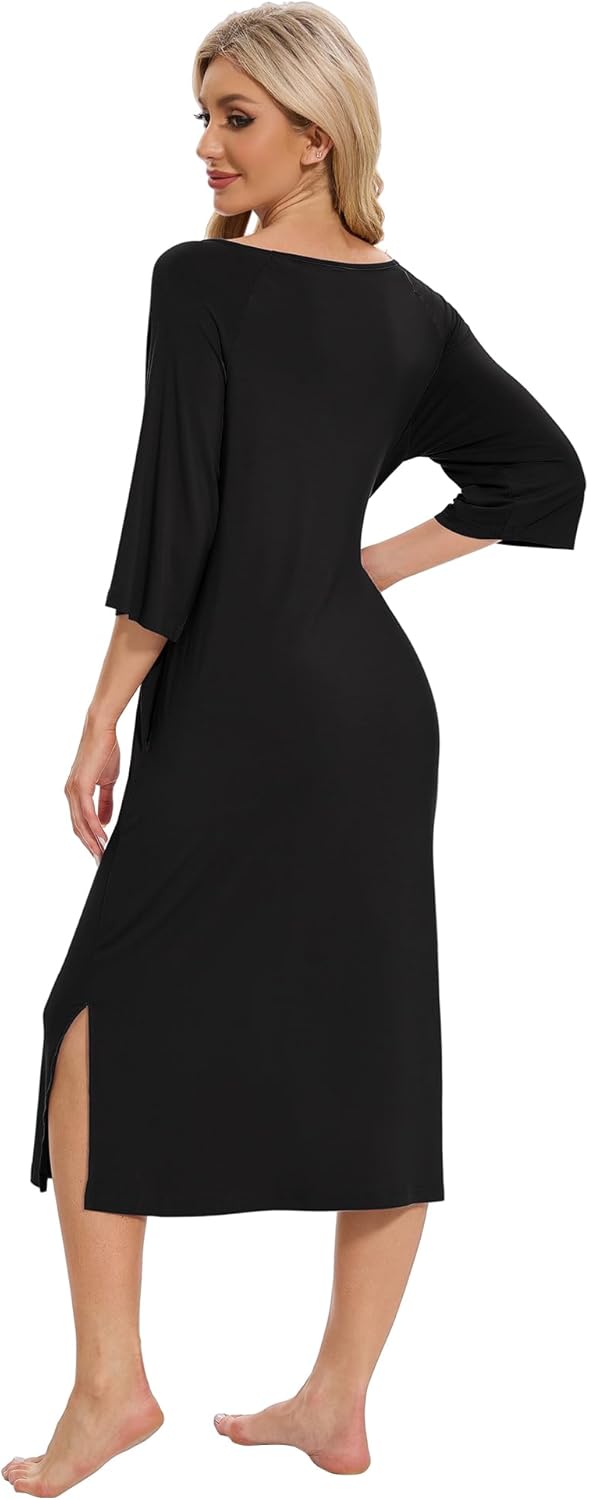 WiWi Womens Viscose from Bamboo Nightgowns 3/4 Sleeves Nightshirts Full Length Soft Knit Sleep Shirts S-XXL - Image 2