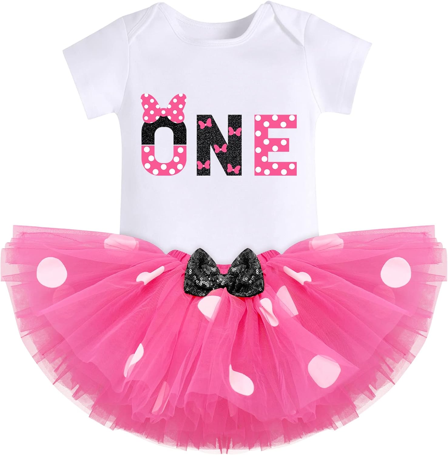 Baby Girls 1st Birthday Outfit Polka Dots ONE Romper Tutu Skirt Mouse Ears Headband Cake Smash Costume for Photo Shoot