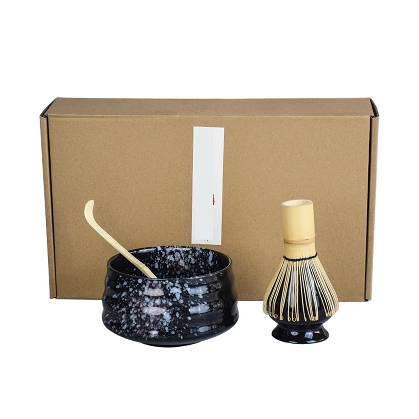 Juego de 4 piezas de té Matcha hecho a mano, fácil de limpiar, con soporte, cuenco, batidor, cuchara, accesorios tradicionales for ceremonias. Juego de Té Matcha(Black)