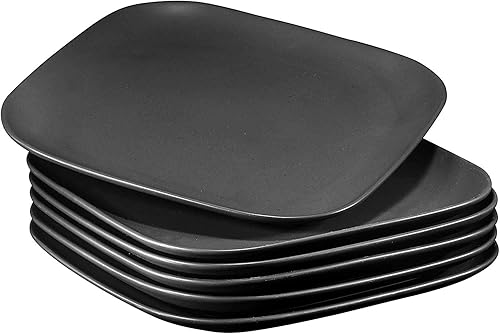 Bruntmor Platos de cerámica de 10 pulgadas Plato para servir Juego de 6, platos cuadrados negros simples y modernos de cerámica para
