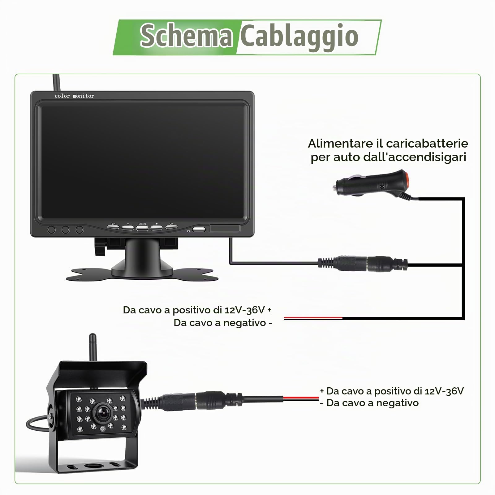 Telecamera di retromarcia wireless IP68 impermeabile con visione notturna, monitor HD da 7", telecamera di retromarcia ad alto rendimento con chip a prestazioni elevate, linea invertita, BSD
