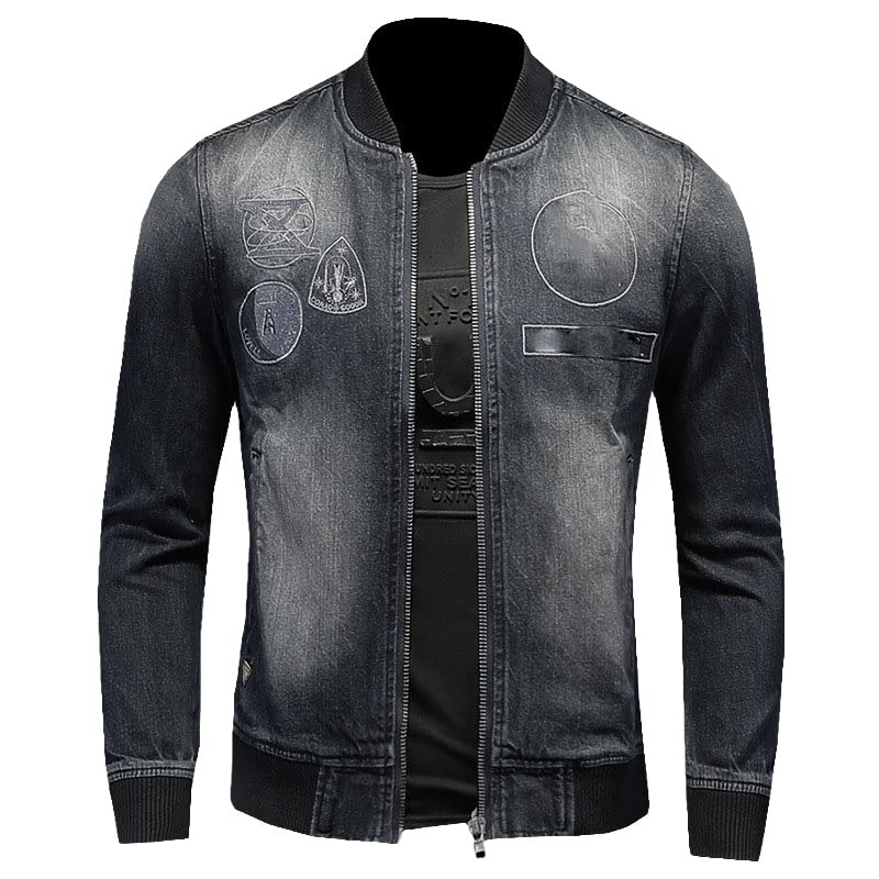 FIVETOSEVEN Retro Denim Jackets Men Embroidery Baseball Coats Slim Fit Outerwear For Male
