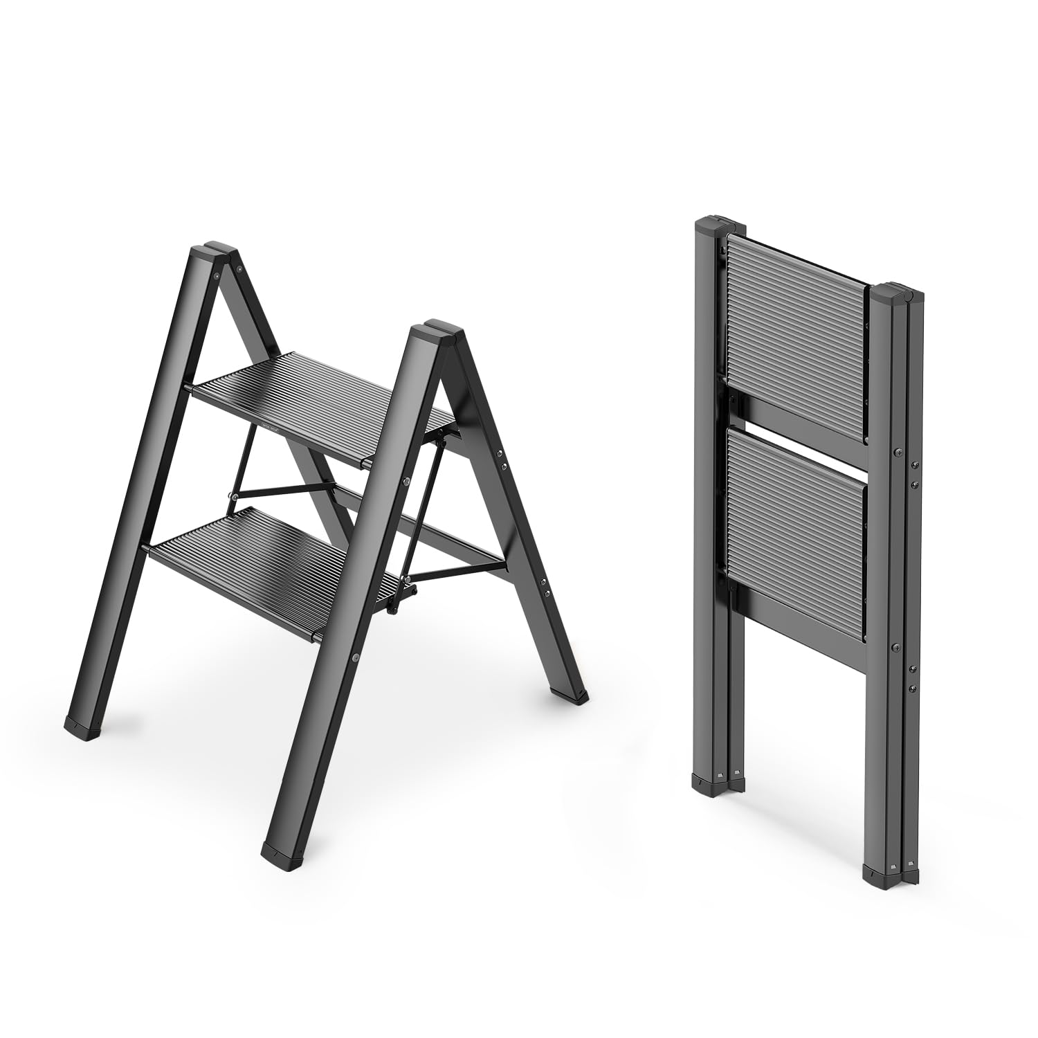 WOA WOA 2 Step Ladder, Foldable Step Stool, Aluminum Lightweight Ladder for Home Kitchen Closet, Anti-Slip Pedals, Ease of Folding, Portable, 300lbs Capacity - Black
