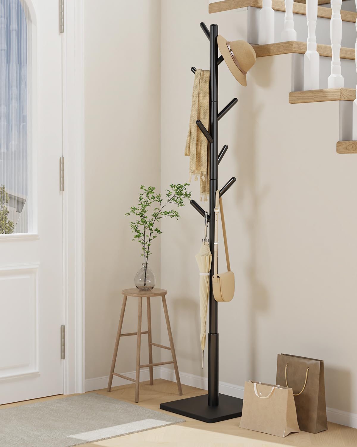 Yawinhe Garderobenständer, Garderobe in Baumform mit Anti-Rutsch-Pad, Kleiderständer aus Massivholz, 180cm Höhe, mit 8 Haken und 3 verstellbaren Höhen,für Eingänge, Schwarz,1 Pack