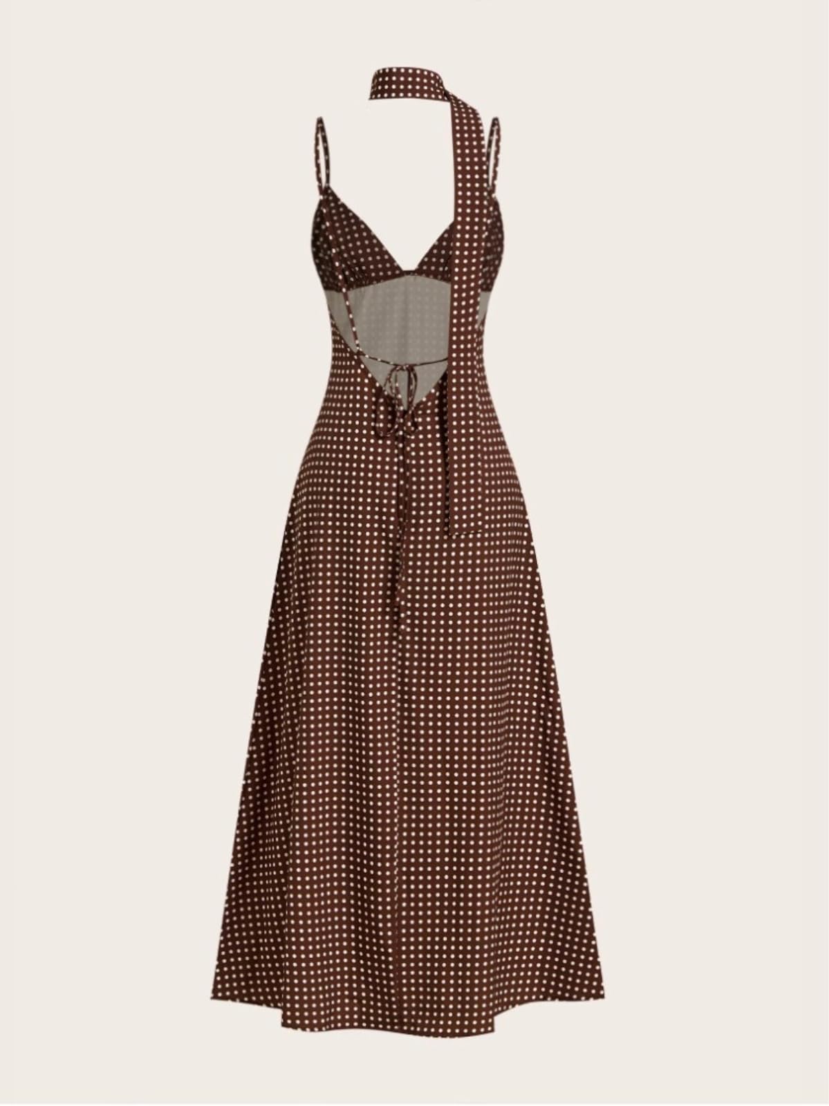 Vestito Abito Midi Marrone A Pois con Spalline, Scollo A V, Cintura in Vita, Senza Maniche E con Schiena Scoperta.