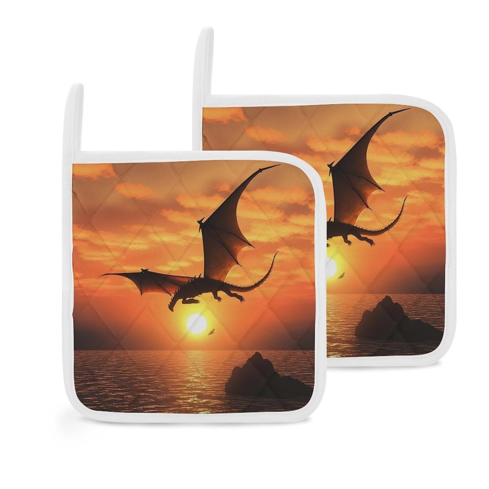 Pot Holders Set of 2 Kitchen Heat Resistant Potholders Sea Sunset Flying Dragon Cotton Lining Oven Hot Pads for Cooking Baking BBQ Microwave Kitchen Accessories