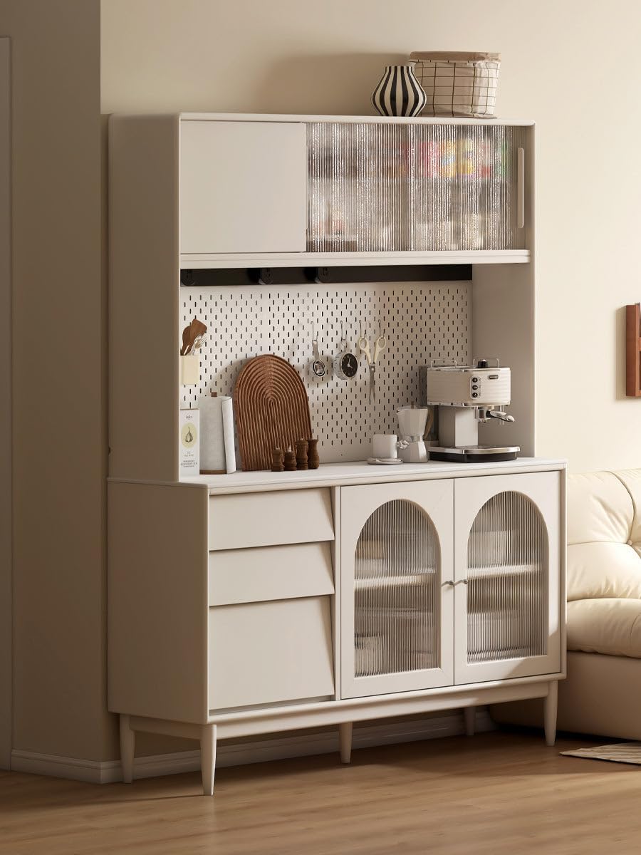 GVAwood Solid Rubberwood Sideboard, Buffet Cabinet 33.4х15.7х73.6 inch / 85.4х40.4х187.7cm / Warm White/Solid Rubberwood Sideboard + Upper Shelf