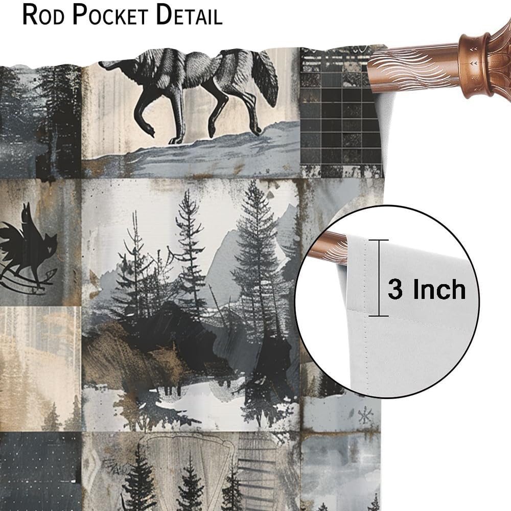 Watercolor Plaid Pattern Animal Wolf Blackout Curtains for Bedroom Vintage Rustic Forest Cabin Full Moon Heat Insulating Blackout Curtains for Living Rroom 2 Panels 54" L x 21" W