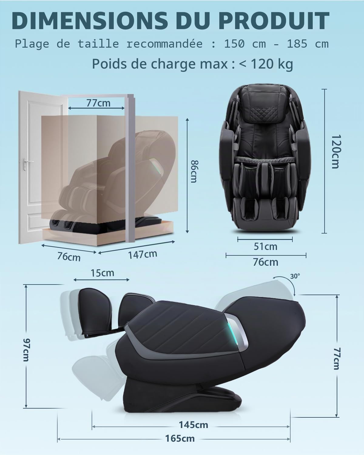 Fauteuil de Massage Complet du Corps avec Zero Gravity 3D Massage Intelligent Body Scan Détection SL Track Massage des Pieds Chauffage Haut-Parleur Bluetooth Noir
