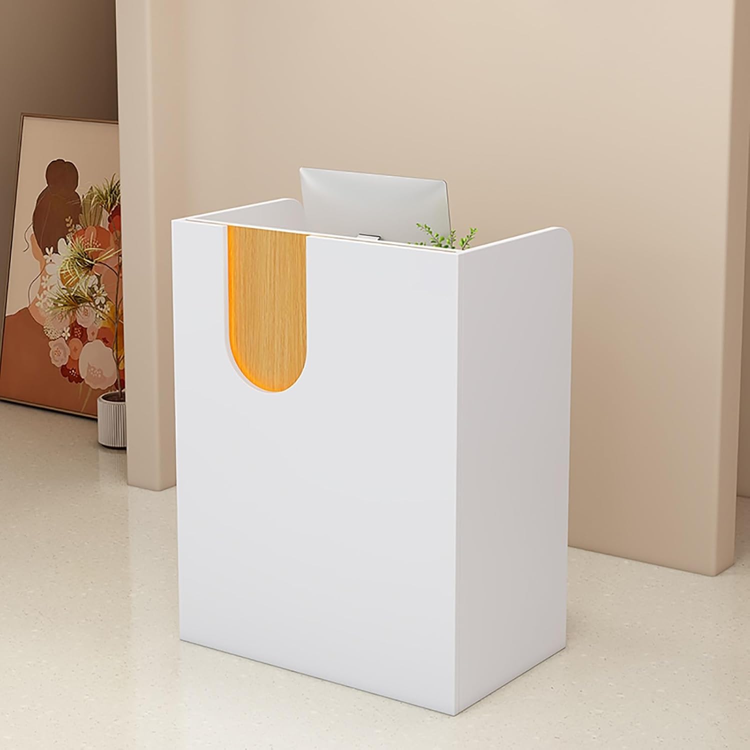 Reception Desk,Checkout Counter,Small Front Checkout Desk,with LED Lights,Double Drawers and A Storage Cabinet for Lobby,Salon,Home Office Desk(White Frame+Wood,60x45x100cm)