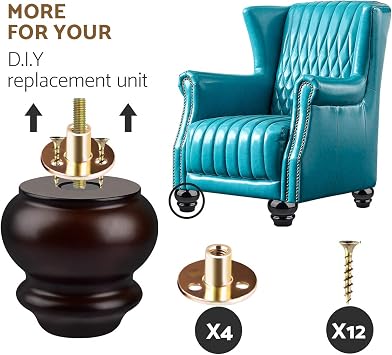 3 inch Solid Wood Spool Furniture Legs with M8 Bolts, Walnut, 4-Pack