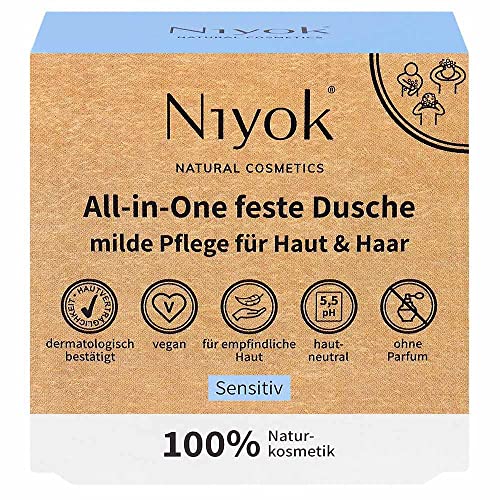 Niyok® All-in-One Dusche Haut + Haar | hautneutral pH 5,5 vegan plastikfrei | Naturkosmetik ohne Plastik | wie Duschseife für Männer Bio | Sensitiv (80g) Cover
