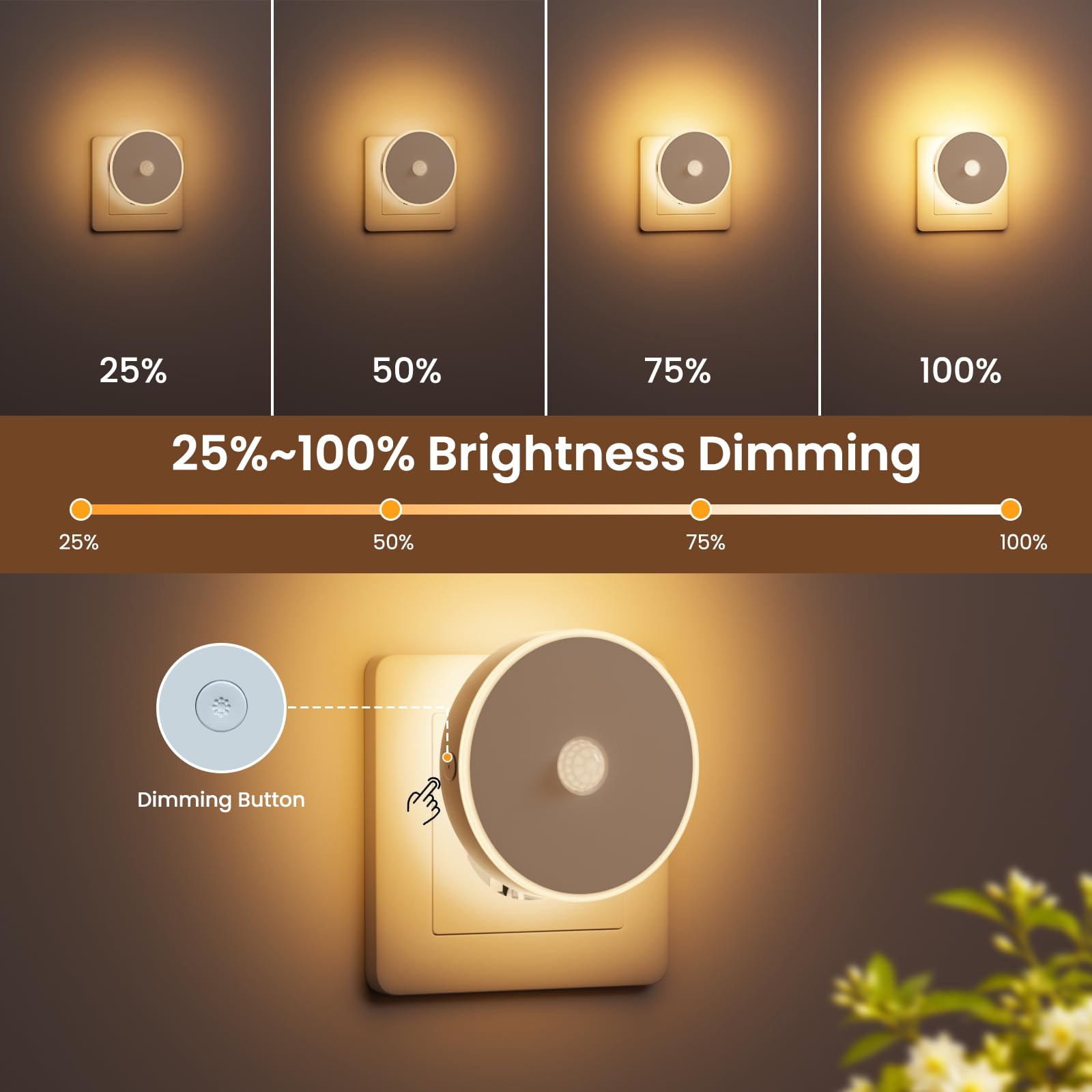 Luz Nocturna Infantil 2 Pcs, Luz LED Nocturna con Sensor de Movimiento, Lámpara de Noche Enchufable Brillo Ajustables, 3 Modos (AUTO/ON/OFF), Luz Noche para Niños/Escaleras/Dormitorio- Blanco Cálido