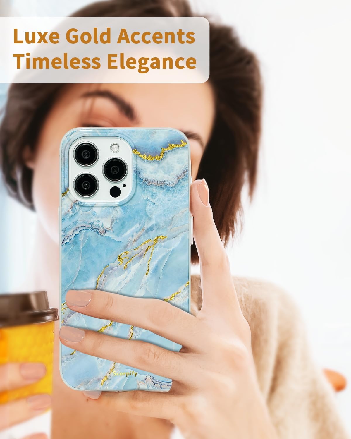 SCORPIFY for iPhone 14 Pro Case [Compatible with MagSafe] with Icelandic Blue Marble Design, Cute Magnetic Phone Cover for Women Girls and Men, Slim Shockproof Bumper with Gold Accents