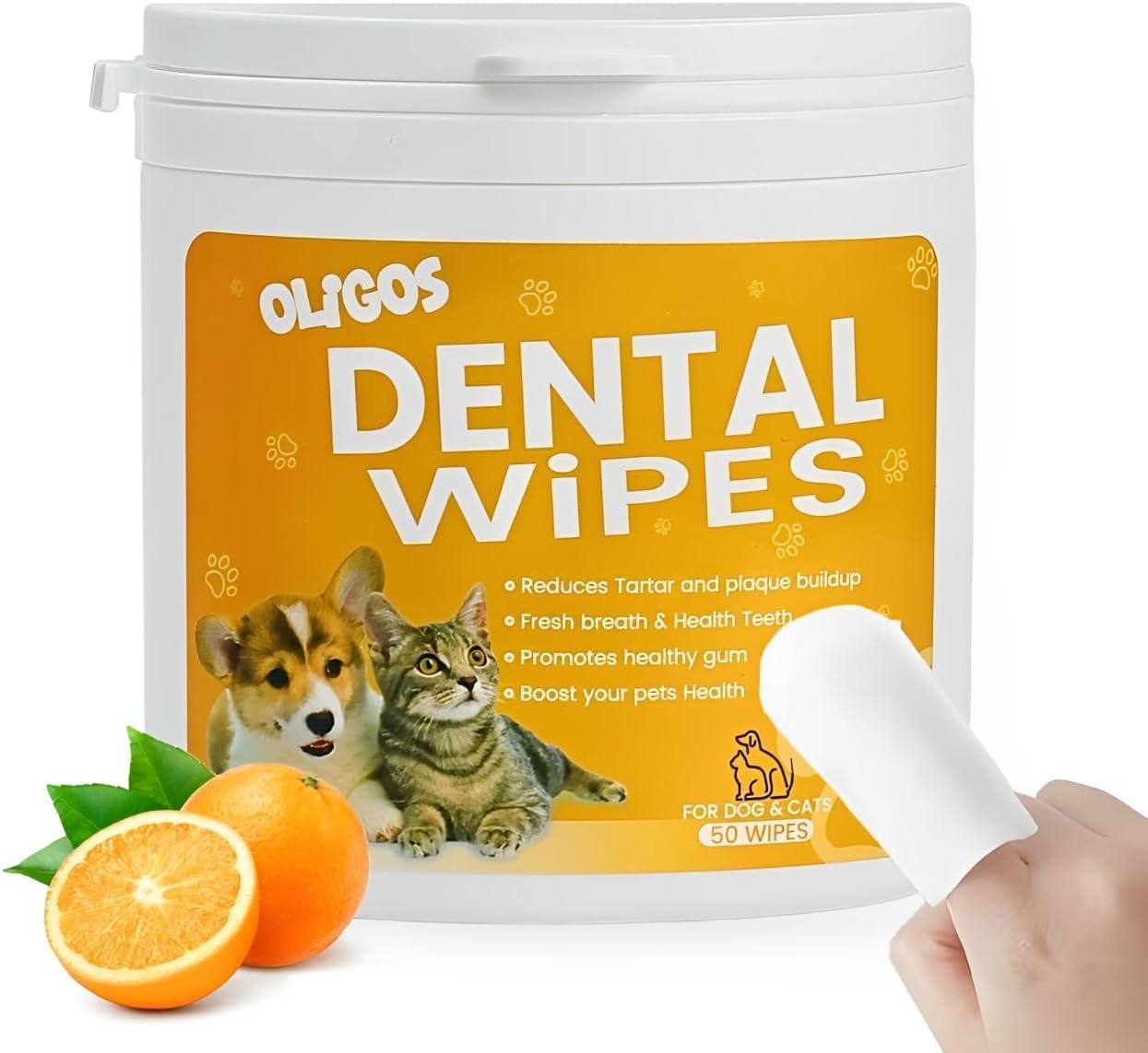 Oligos 50 Pcs Dog Dental Wipes Pet Dental Finger Wipes for Dogs & Cats, Finger Toothbrush for Dogs, Reduces Plaque & Tartar, Freshens Pet Breath