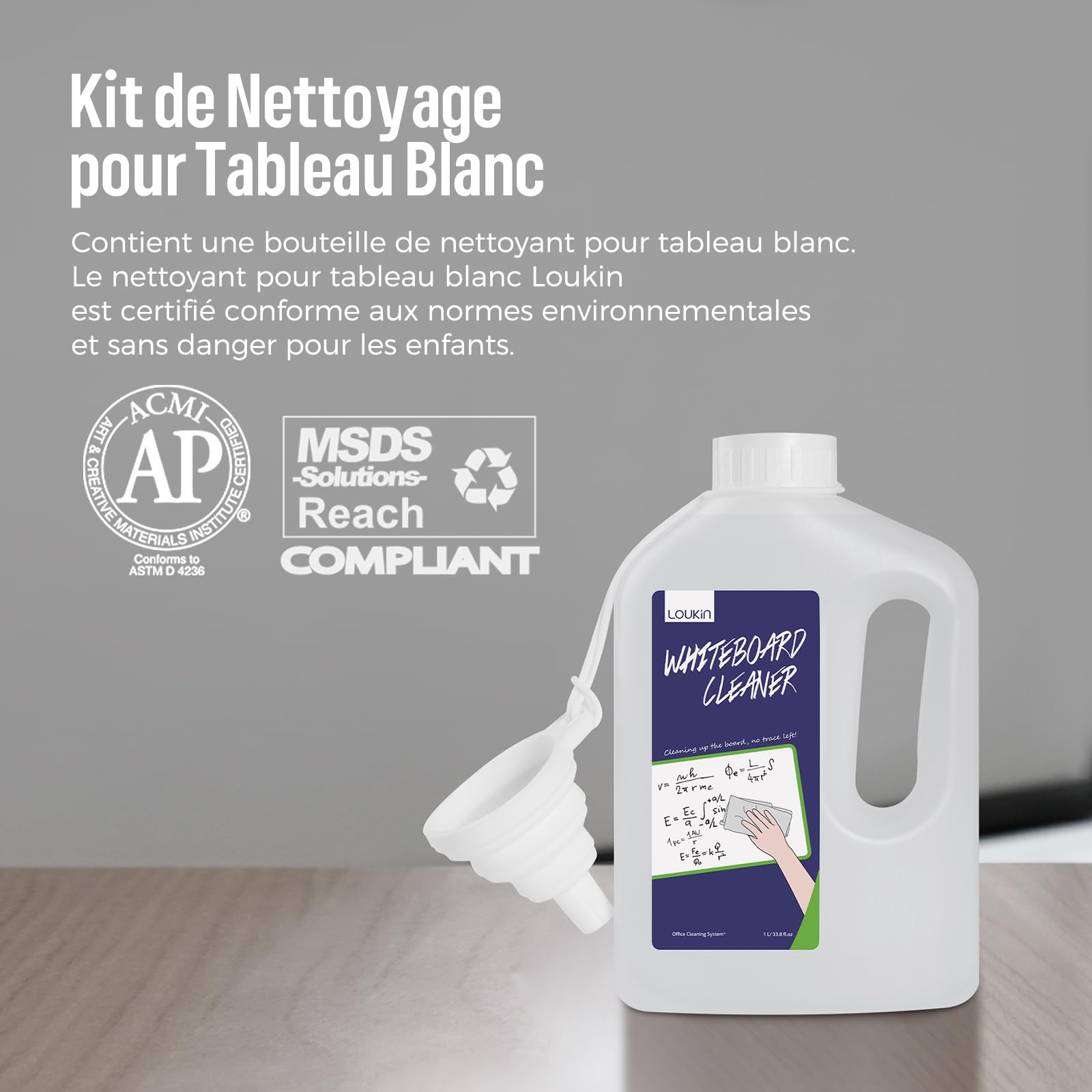 loukin Recharge de nettoyant pour tableau blanc 1 l avec entonnoir en silicone pliable, spray de nettoyage à sec, élimine les taches tenaces, non toxique et sans odeur