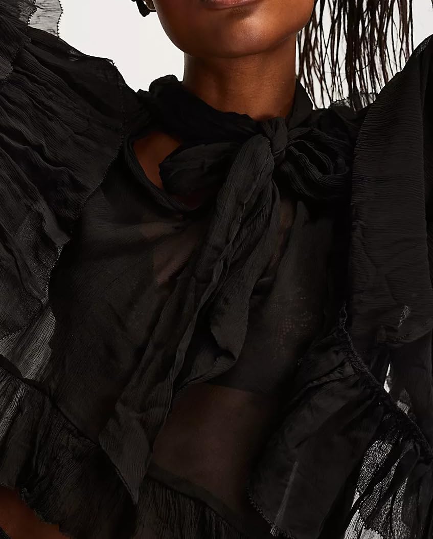 NUFIWI Women's Sheer Ruffle Trim Blouse with Self Tie Neck - Image 3