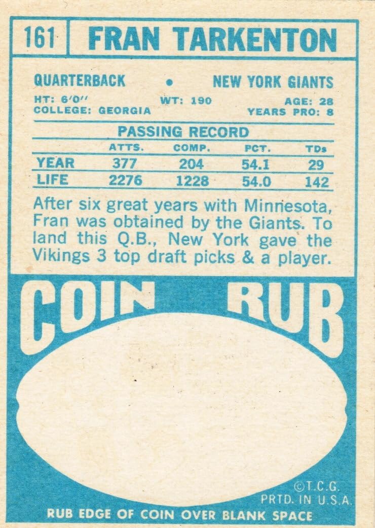 Fran Tarkenton Topps Football Coin Rub Collectible Football Card - 1968 Topps Football Card #161 (Giants)