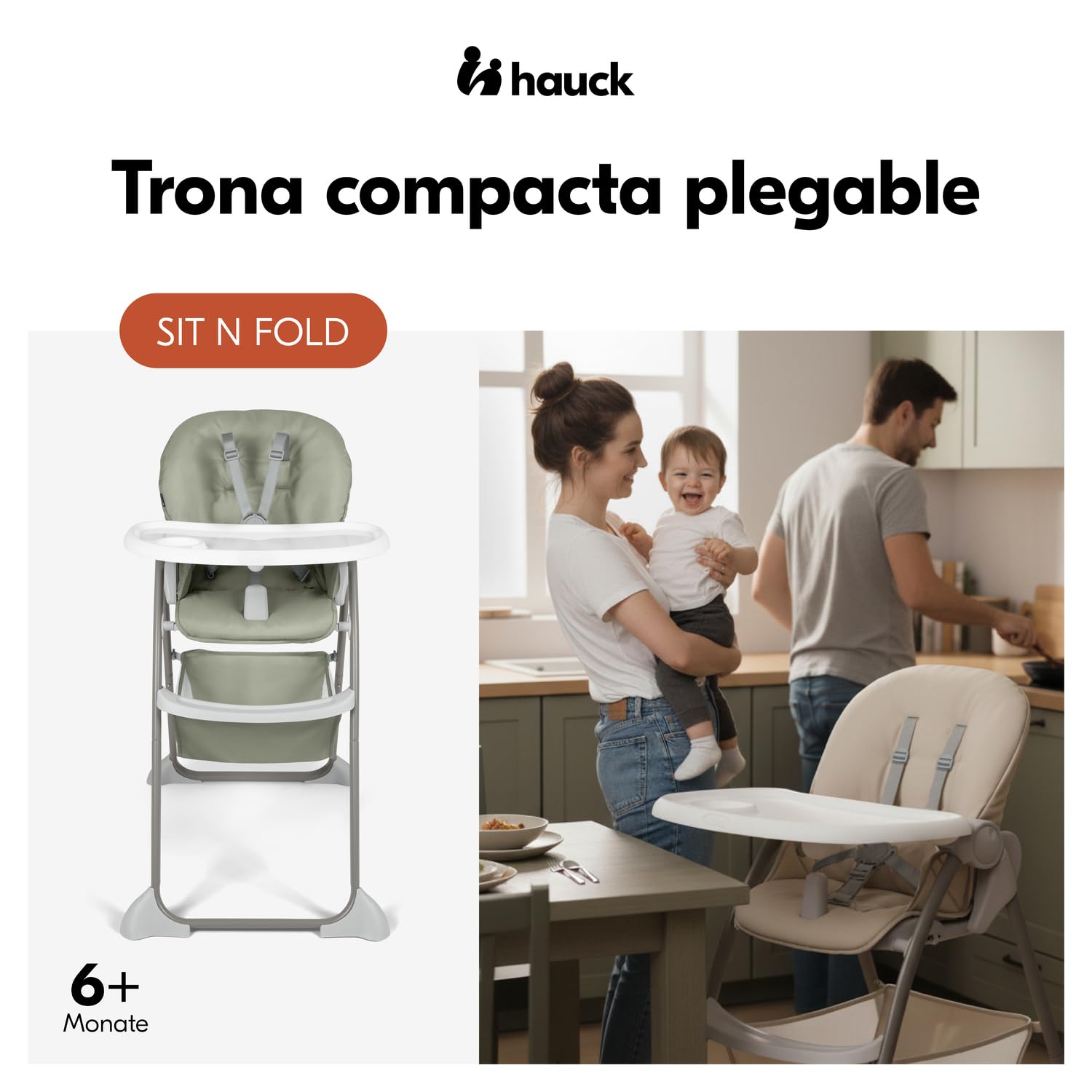 hauck Sit N Fold – Trona Plegable para Bebé y Niños desde 6 Meses hasta 15 kg | Silla de Comer Ergonómica con Arnés 5 Puntos - Respaldo y Bandeja Ajustables - Gran Cesta