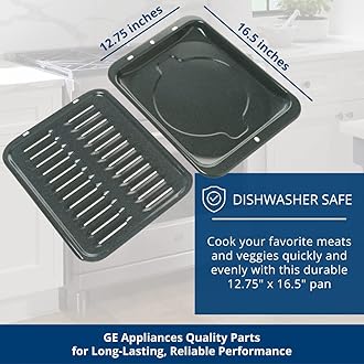 Universal Broiler Pan with Rack for Oven, Non-Stick Pan, 2 Piece Black Porcelain Coated Carbon Steel Roasting Pan, Dishwasher Safe, WB48X10056, Genuine GE Appliances Manufactured OEM Part