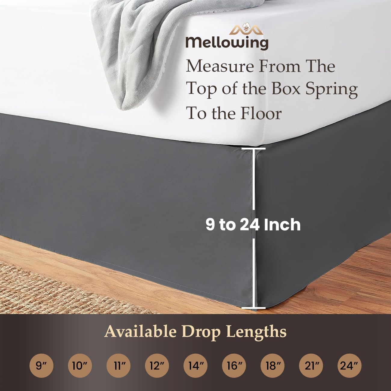 Mellowing Pleated Bed Skirt with Platform Three Sided Coverage 11 inch Tailored Drop Brushed Microfiber Pleated Bed Skirt with Split Corners (Queen,Dark Gray)
