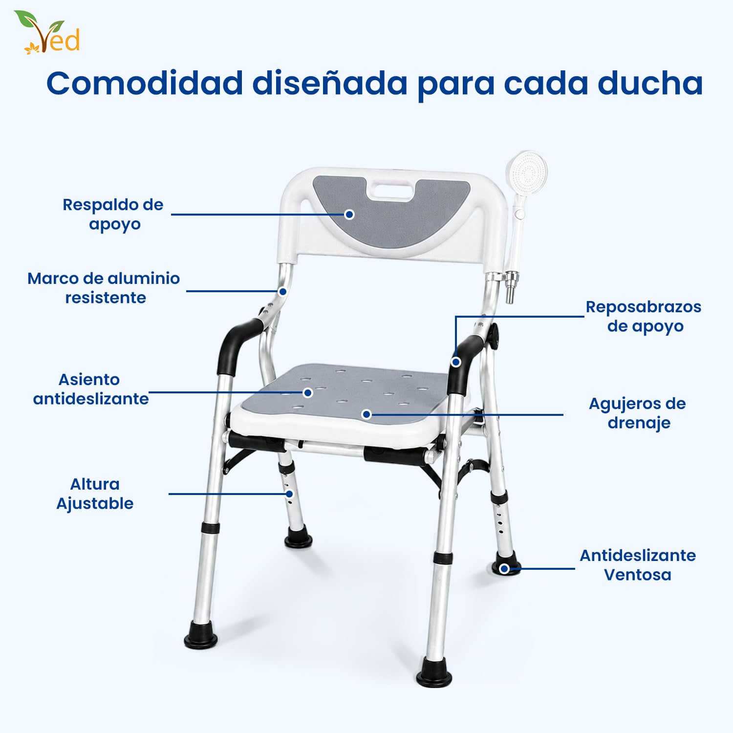 Silla de Ducha con Taburete VED, Asiento de bañera, Silla de Ducha Plegable, Asiento de baño portátil con Patas de Aluminio duraderas, Ajustable con Respaldo para baño.