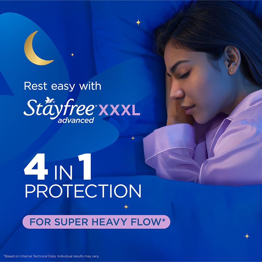 Stayfree Advanced XXXL+ Thin Sanitary Pads for Women | 8 Soft Cotton Pads for All Night Ultra Comfort | Absorbs 2x More with Wider Back | Prevent Rashes | Odour Control