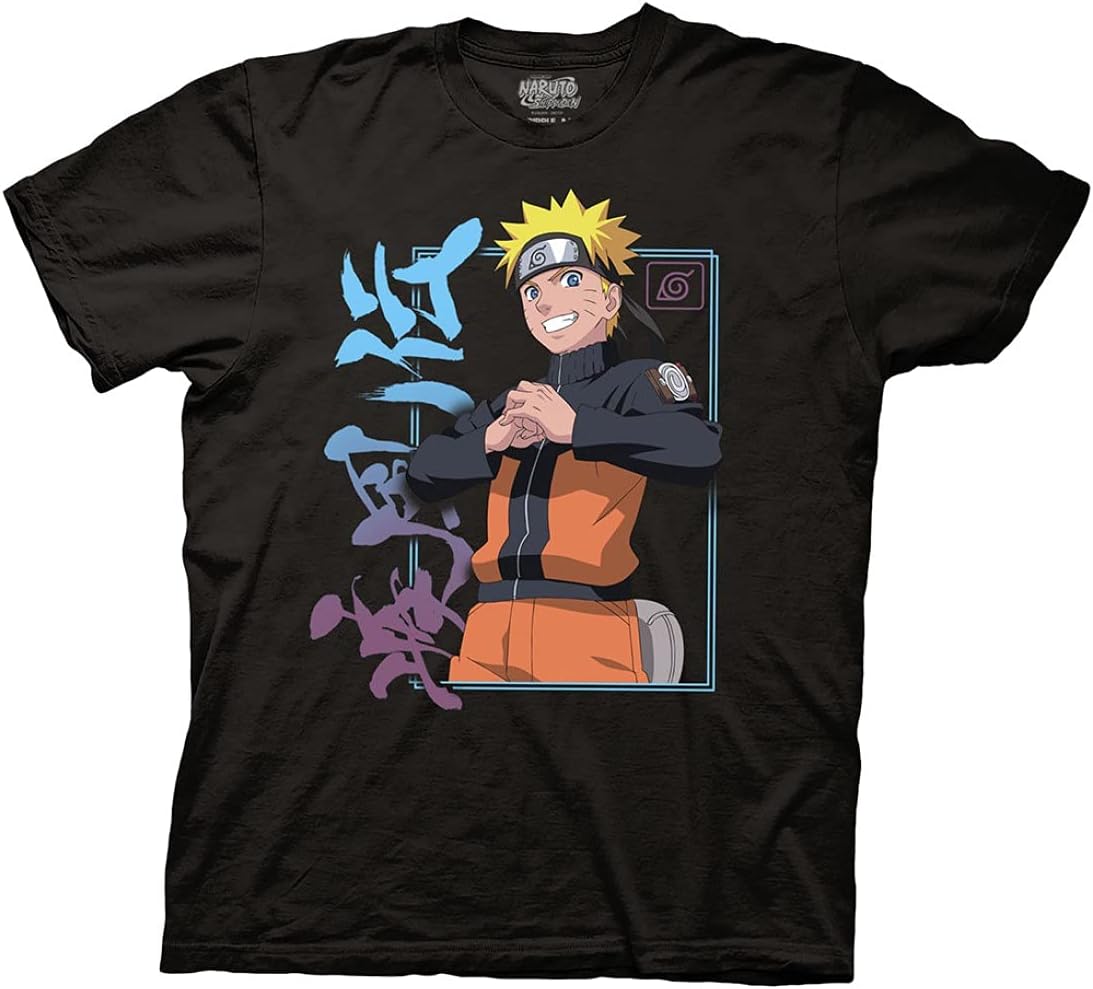 Ripple Junction Naruto Shippuden Men's Short Sleeve T-Shirt Fist in Hand Hidden Leaf Village Symbol Frame Officially Licensed