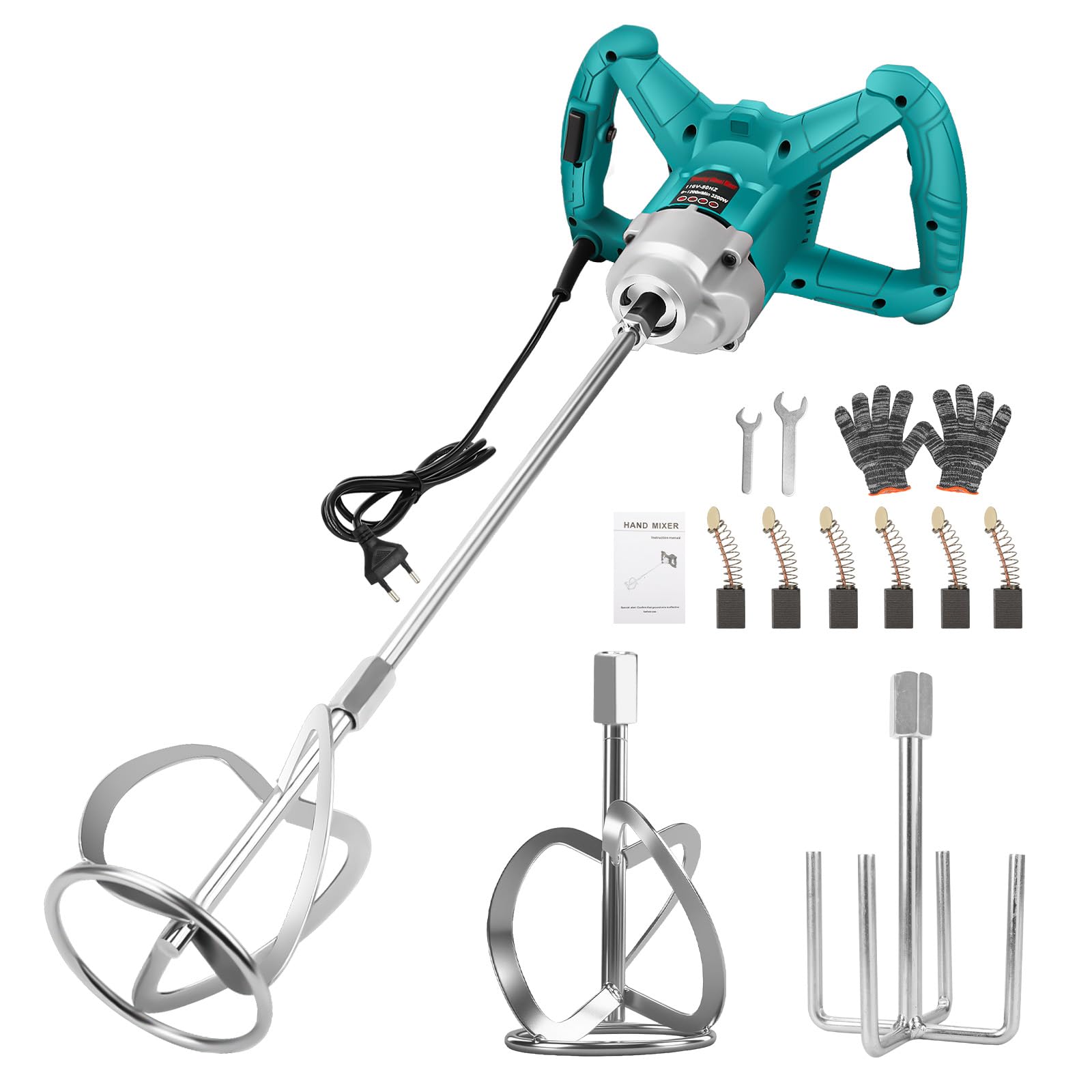 3200W Rührwerk Mörtelrührer mit 2 Rührpaddeln | 1200 U/min Bürstenloser Motor, 6-stufig, Arretierbarer Schalter | Elektro Farbrührer Betonmischer für Farbe, Fliesenkleber, Mörtel, Beton, Futter
