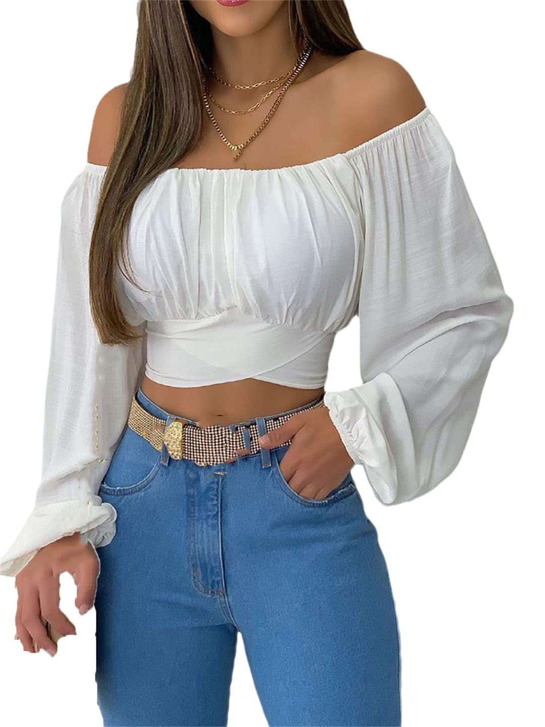 Generic Camicetta da Donna con Spalle Scoperte Camicetta Estiva con Maniche a Lanterna Incrociate Incrociate sul Retro