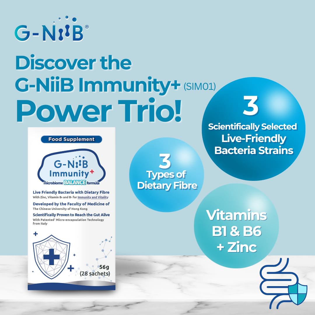 G-NiiB Immunity+ (SIM01) – Probiotiques avec Prébiotiques, Zinc et Vitamines B – Développé par une Faculté de Médecine – Souches Probiotiques Cliniquement Étudiées – Soutient Immunité, Énergie