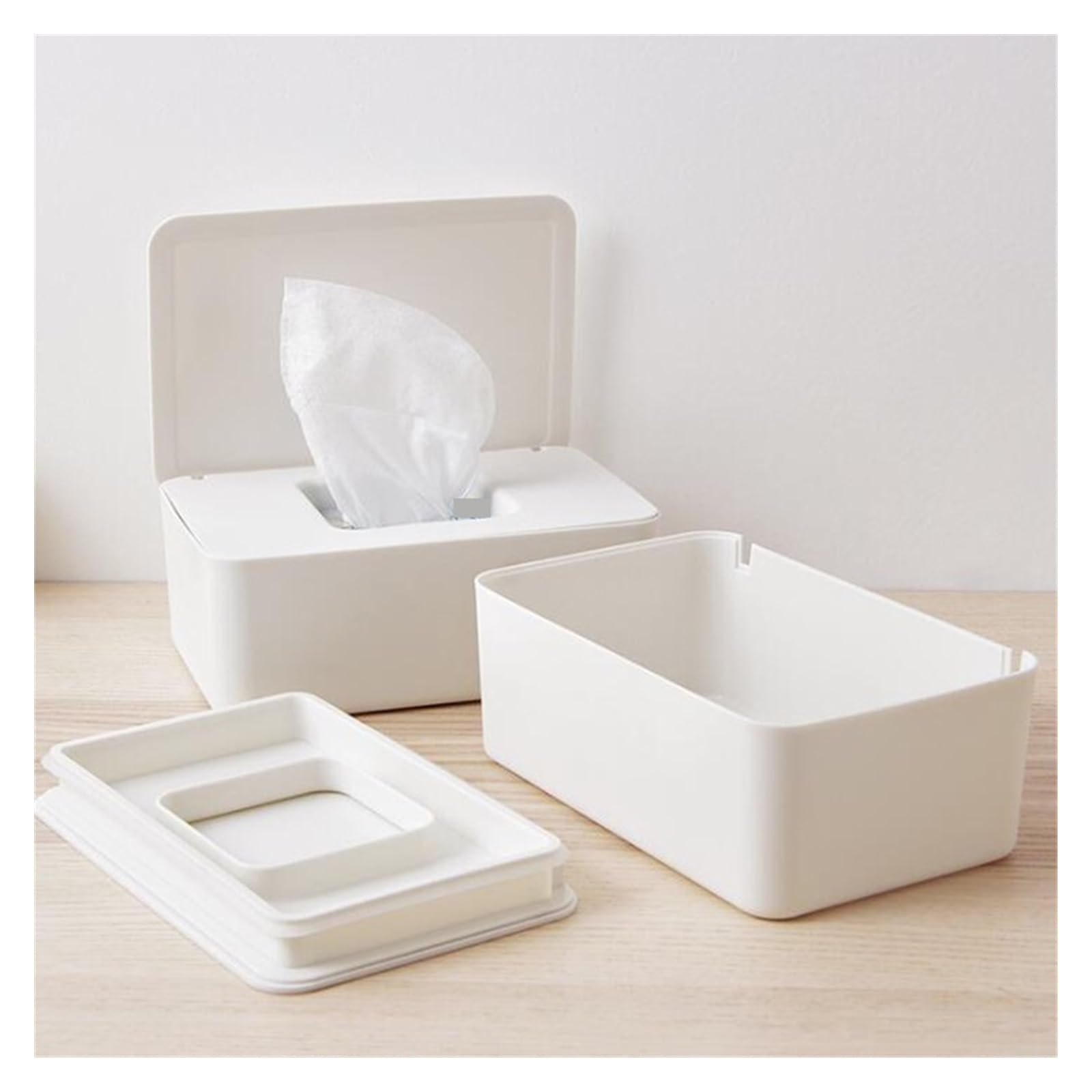 Pudełko na chusteczki Mokre chusteczki na biurko, dozownik do papieru, pudełko do przechowywania, plastik domowy, pyłoszczelny, z pokrywką, uchwyt na chusteczki(White)