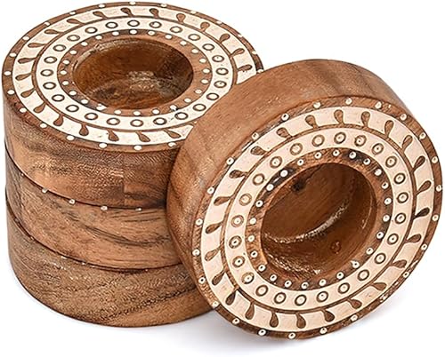 Miniatura 2 de Portavelas de madera de acacia, juego de 4 centros de mesa para mesa de comedor, boda, fiesta (3.5 x 3.5 x 1 pulgadas)