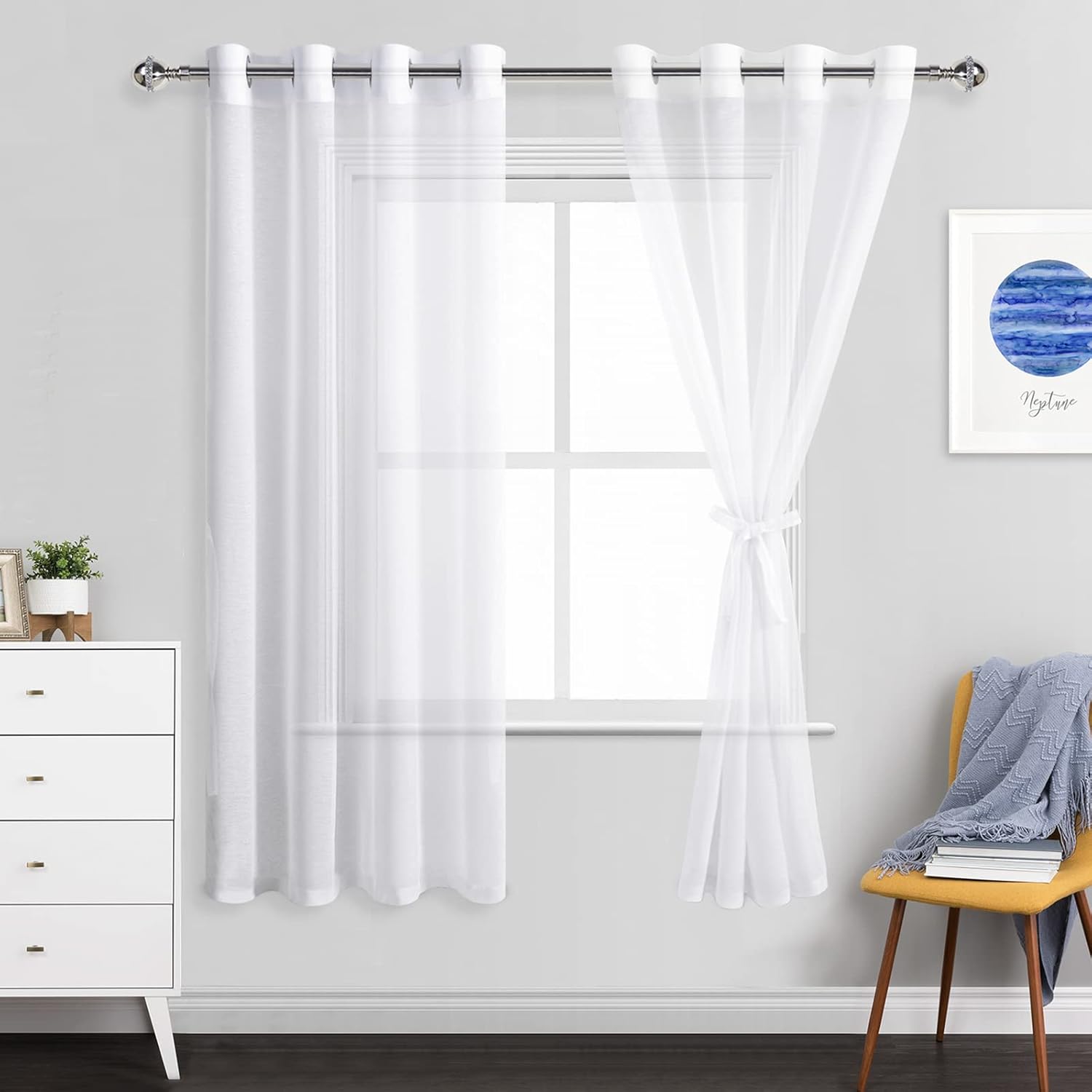 JIUZHEN White Sheer Curtains 72 Inches Long - Grommet Semi Transparent Light Filtering Window Drapes for Bedroom Living Room, 52Wx 72L, Set of 2 with Tiebacks