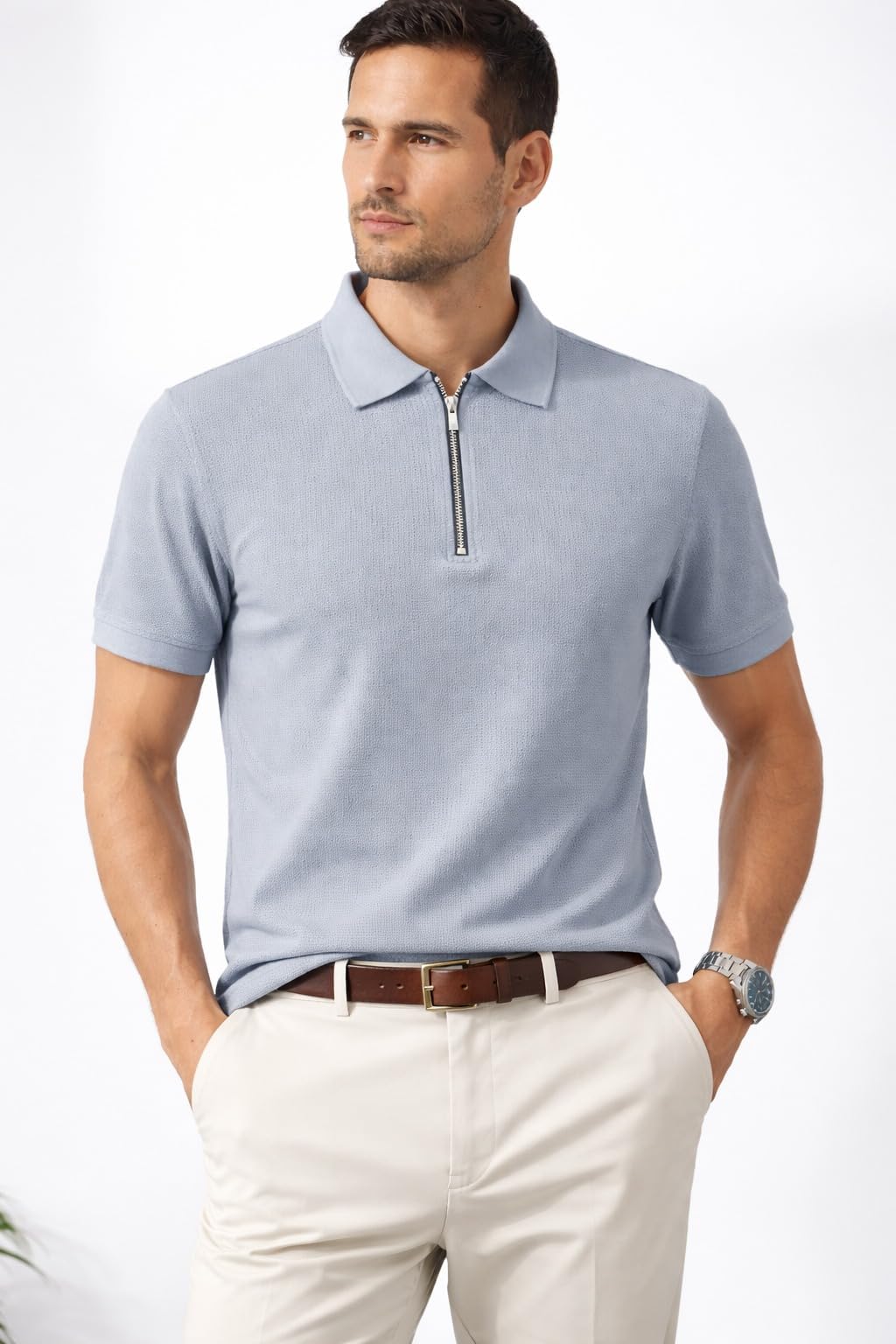 Raves Men Textured Quarter-Zip Polo T-Shirt | Premium Waffle Knit | Half Sleeve Smart Casual Polo for Office