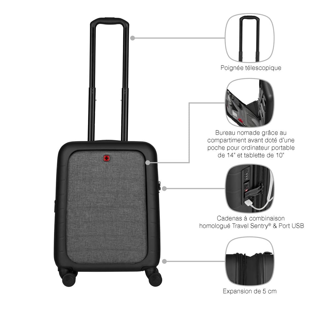 WENGER Syntry Bagage Cabine à roulettes, Ordinateur Portable 14 Pouces, Tablette Tactile 10 Pouces, 36 (44) l, Rigide, Femmes Hommes, Voyages d’Affaires Vacances, Noir/Gris Chiné, 610163
