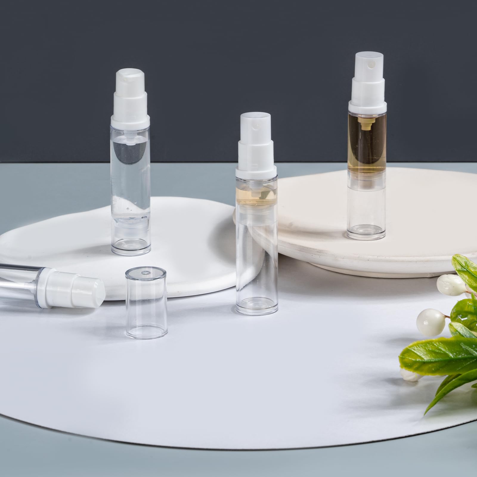 Leikedun 10 flaconi vuoti a pompa airless da 10 ml, ricaricabili, trasparenti, da viaggio, contenitori per cosmetici, con adesivi, per fondotinta, essenza, crema, lozioni, articoli da toeletta