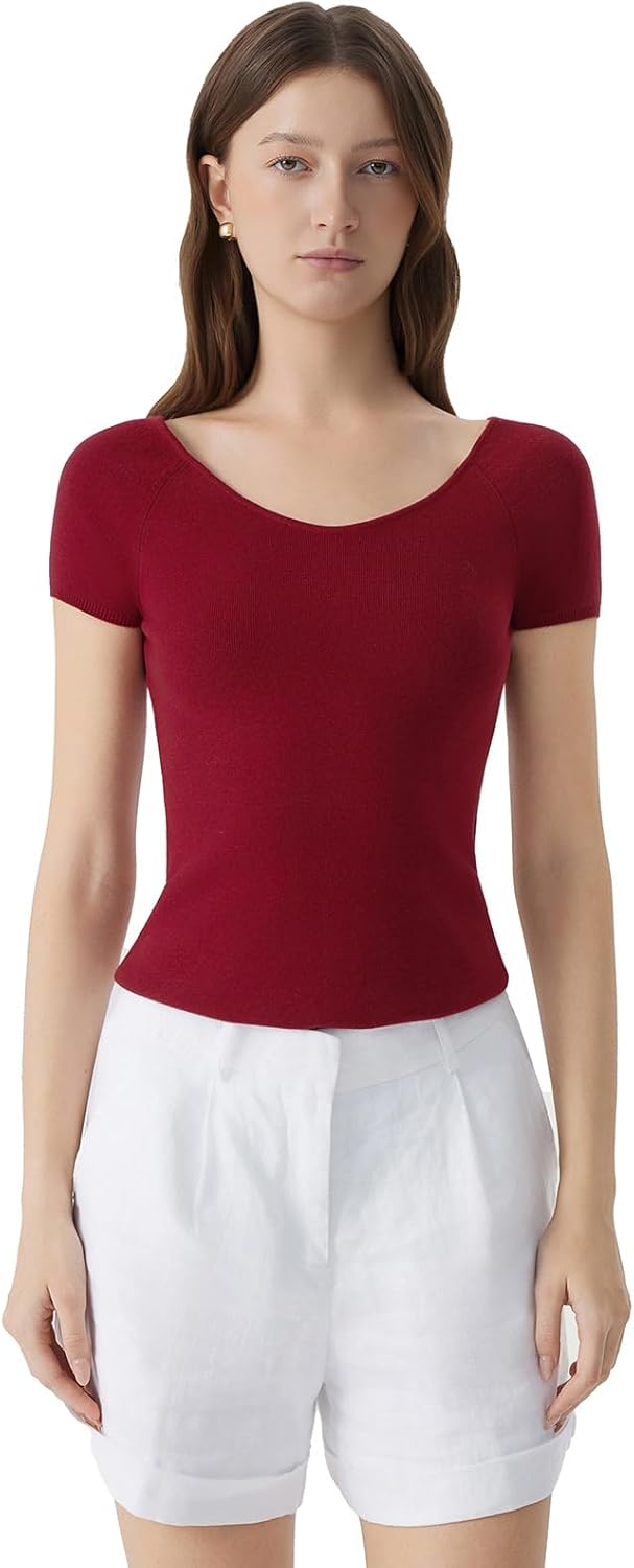 SUUKSESS Women Silk Cashmere Blend Wide V Neck Short Sleeve Sweater Casual Essential Top Shirts