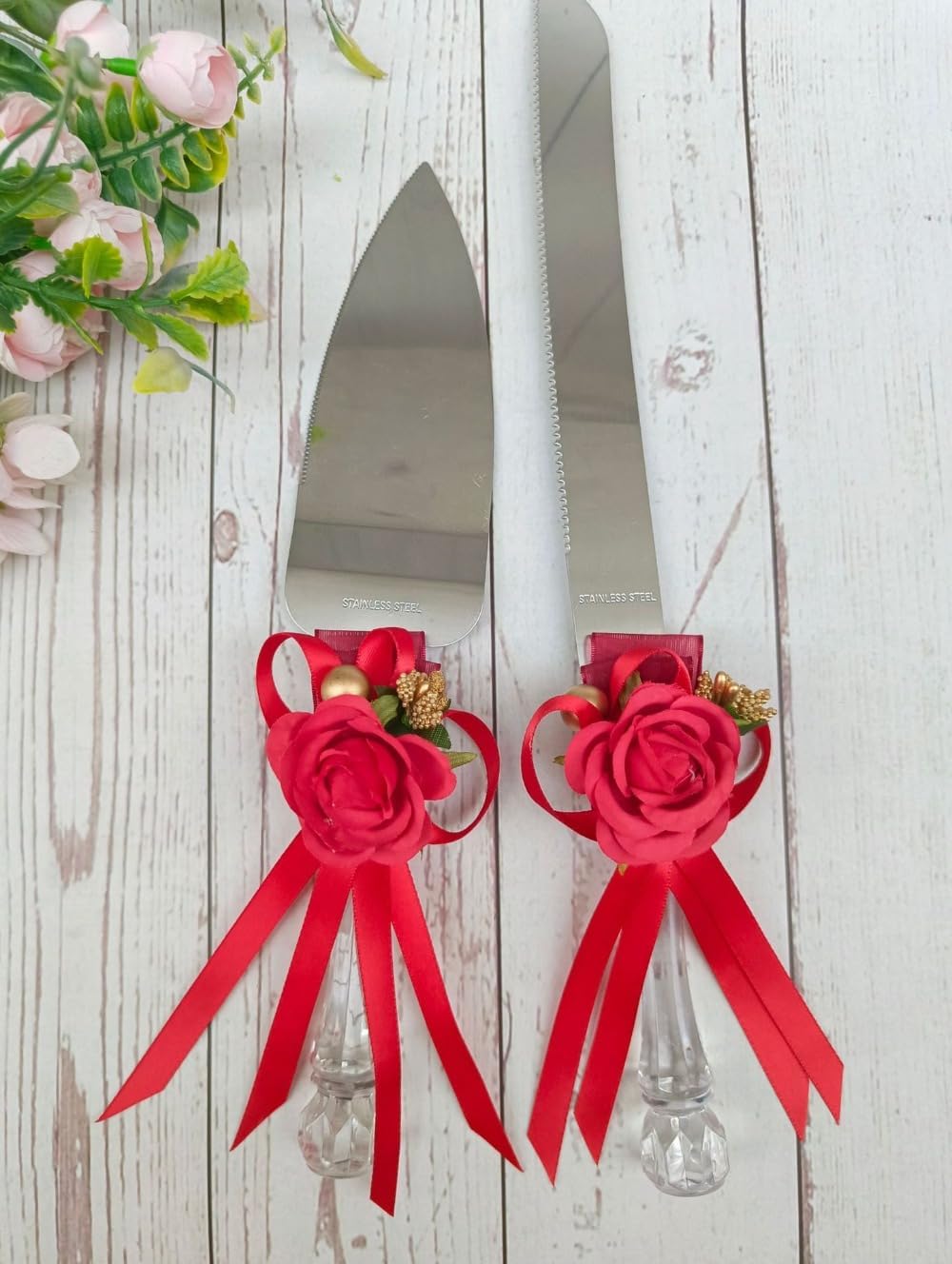2 Pieces Ribbon Flower Wedding Cake Knife Shovel Server Set Stainless Steel Cake Knife Shovel Baking Props Pizza Knife (D)