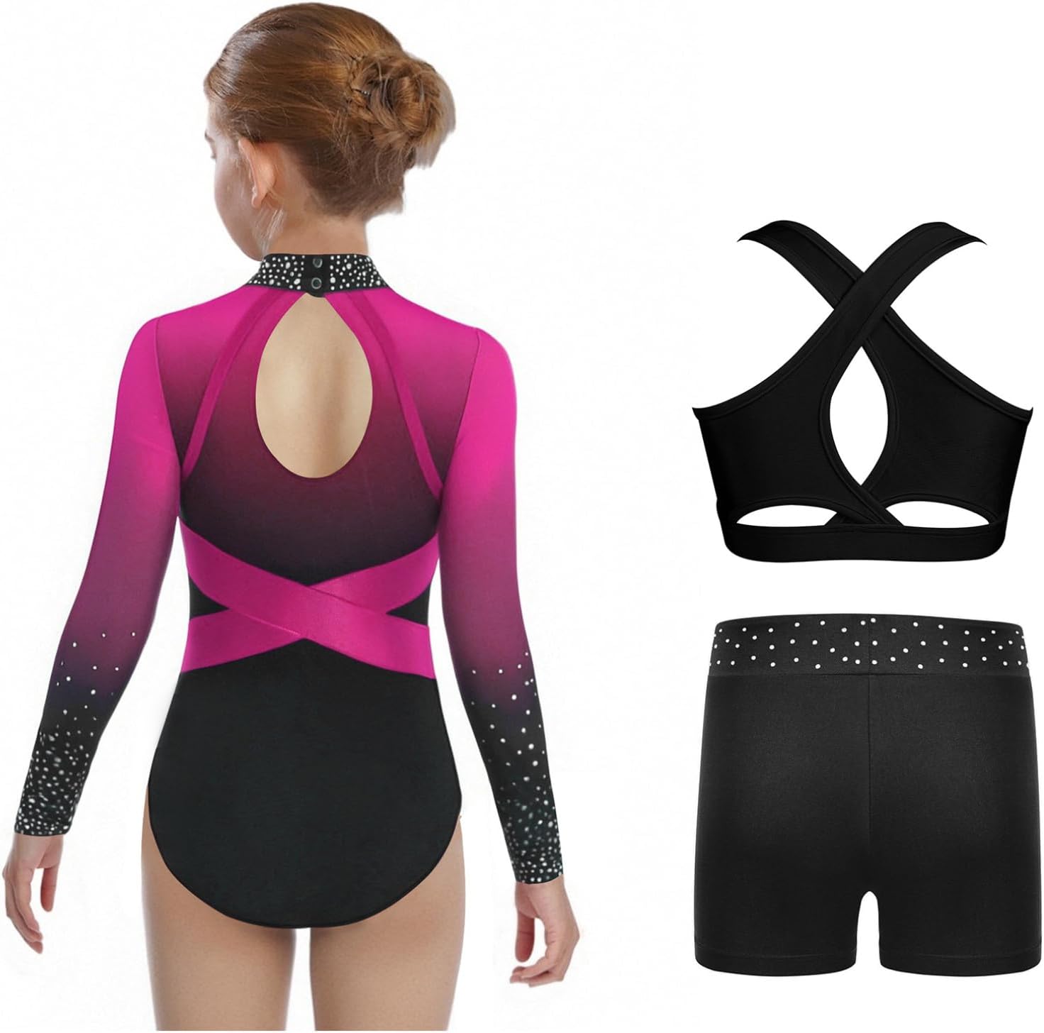 easyforever Girls Three-Piece Gymnastics Leotard Set Sparkly Long Sleeve Ballet Dance Unitard Vest with Shorts for Kids