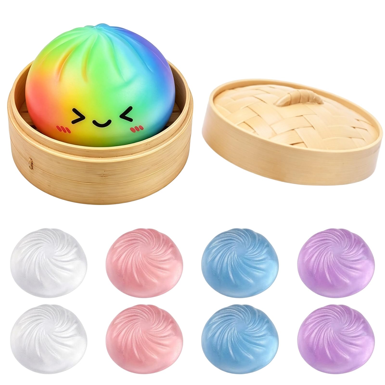 9 PCS Dumpling Squishy , Squishy Dumpling Tool Collection, Relief Sensory Fidget Tools, Desk Decor with Steamer Case, Glitter Mystery Dumplings for Office and Home Use