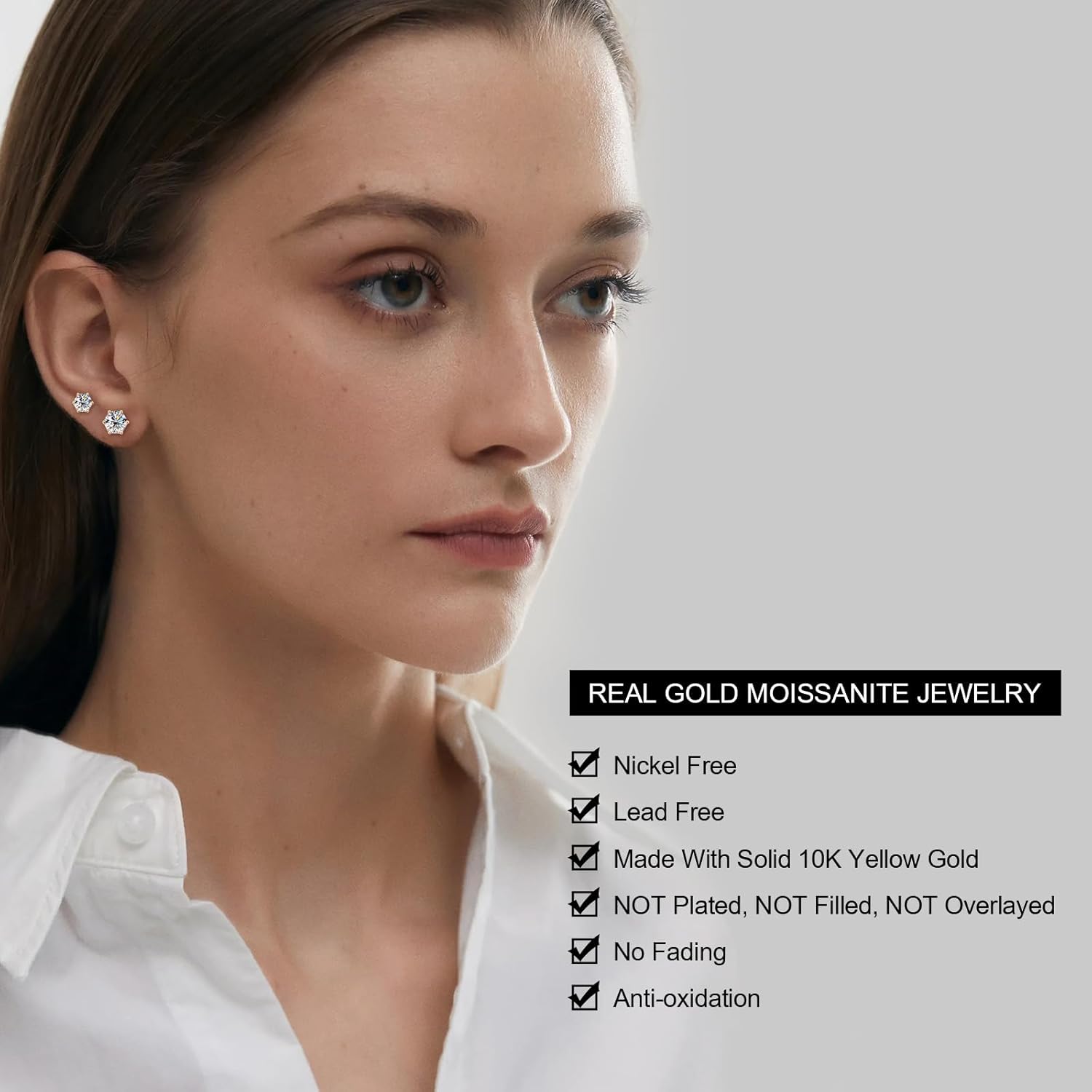 Moissanite Stud Earrings for Men, 10K Real Gold Earrings for Women, D Color VVS1 Round Cut 1CT/2CT Lab Created Solitaire Moissanite Earring Studs Solid Gold Screw Back, Jewelry Gift for Women Men